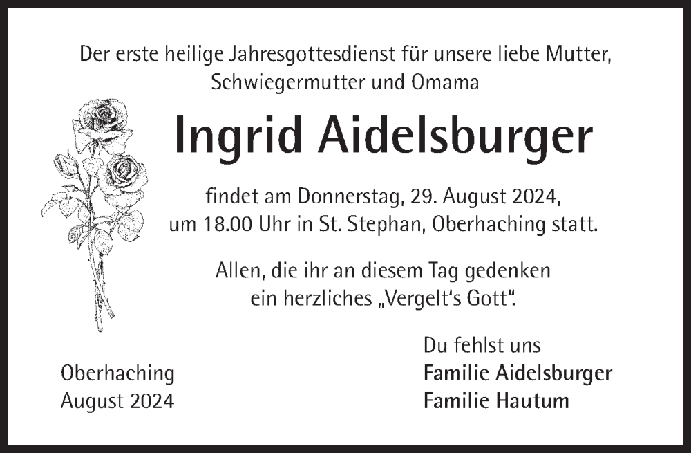  Traueranzeige für Ingrid Aidelsburger vom 17.08.2024 aus Süddeutsche Zeitung