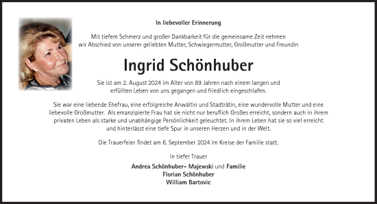 Traueranzeige von Ingrid Schönhuber von Süddeutsche Zeitung