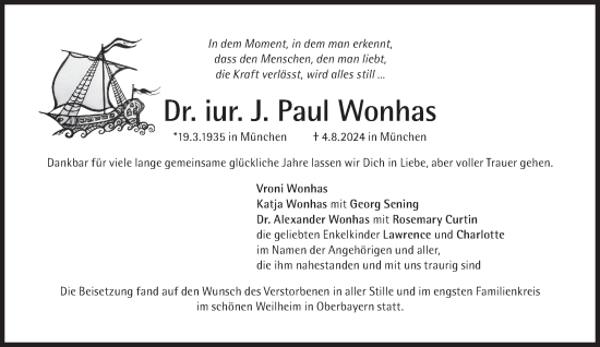 Traueranzeige von J. Paul Wonhas von Süddeutsche Zeitung