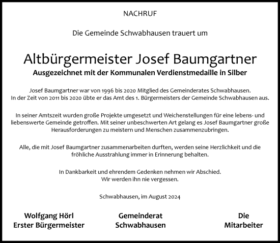 Traueranzeige von Josef Baumgartner von Süddeutsche Zeitung