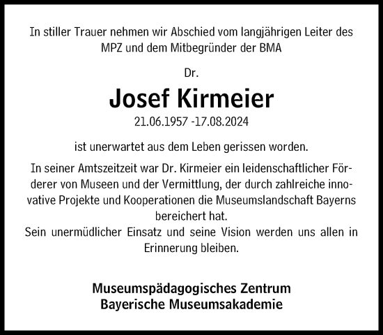 Traueranzeige von Josef Kirmeier von Süddeutsche Zeitung