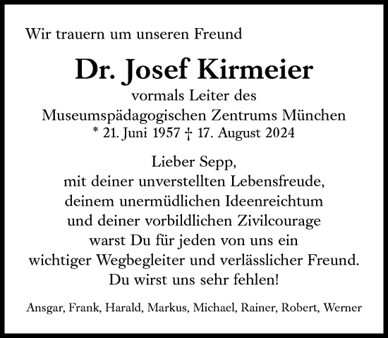 Traueranzeige von Josef Kirmeier von Süddeutsche Zeitung