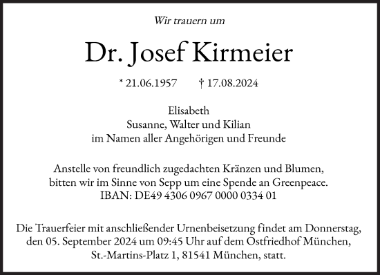 Traueranzeige von Josef Kirmeier von Süddeutsche Zeitung