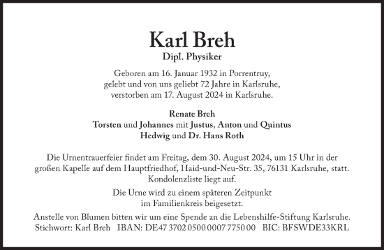 Traueranzeige von Karl Breh von Süddeutsche Zeitung