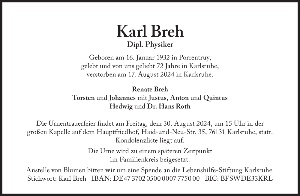  Traueranzeige für Karl Breh vom 24.08.2024 aus Süddeutsche Zeitung