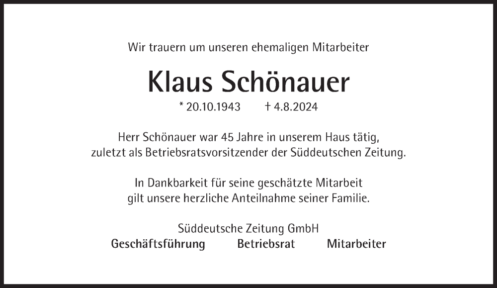  Traueranzeige für Klaus Schönauer vom 24.08.2024 aus Süddeutsche Zeitung