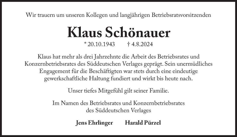  Traueranzeige für Klaus Schönauer vom 24.08.2024 aus Süddeutsche Zeitung