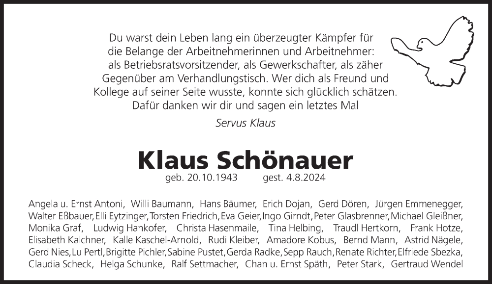  Traueranzeige für Klaus Schönauer vom 24.08.2024 aus Süddeutsche Zeitung