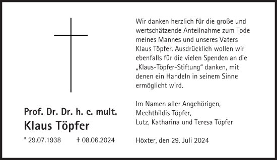 Traueranzeige von Klaus Töpfer von Süddeutsche Zeitung