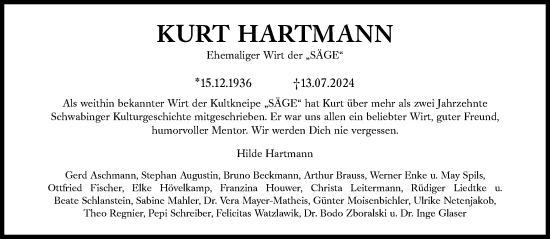 Traueranzeige von Kurt Hartmann von Süddeutsche Zeitung