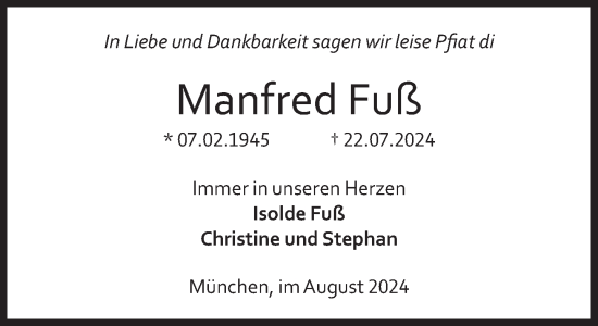 Traueranzeige von Manfred Fuß von Süddeutsche Zeitung