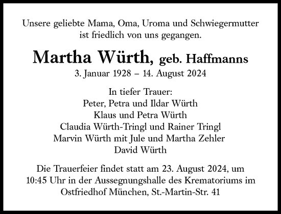 Traueranzeige von Martha Würth von Süddeutsche Zeitung