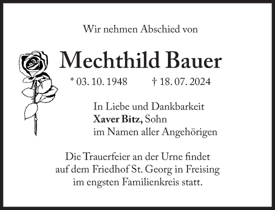 Traueranzeige von Mechthild Bauer von Süddeutsche Zeitung