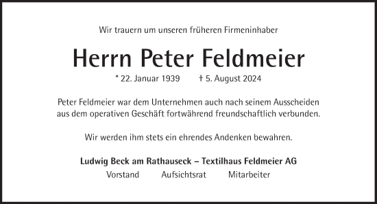 Traueranzeige von Peter Feldmeier von Süddeutsche Zeitung