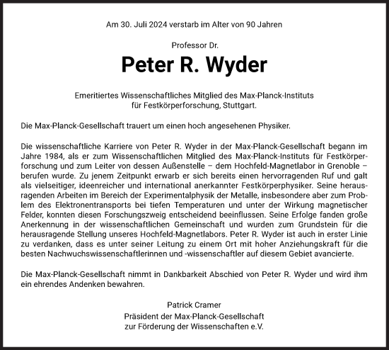 Traueranzeige von Peter Wyder von Süddeutsche Zeitung