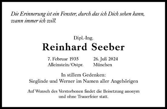 Traueranzeige von Reinhard Seeber von Süddeutsche Zeitung