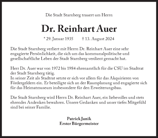 Traueranzeige von Reinhart Auer von Süddeutsche Zeitung