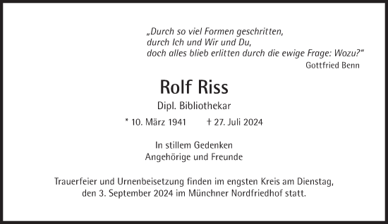 Traueranzeige von Rolf Riss von Süddeutsche Zeitung