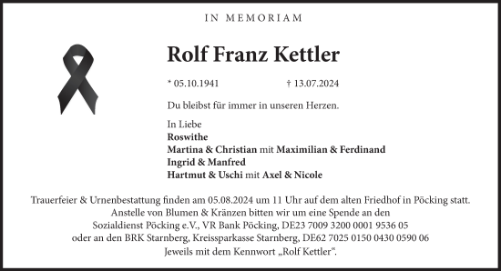 Traueranzeige von Rolf Franz Kettler von Süddeutsche Zeitung