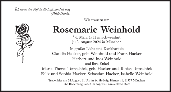 Traueranzeige von Rosie Weinhold von Süddeutsche Zeitung