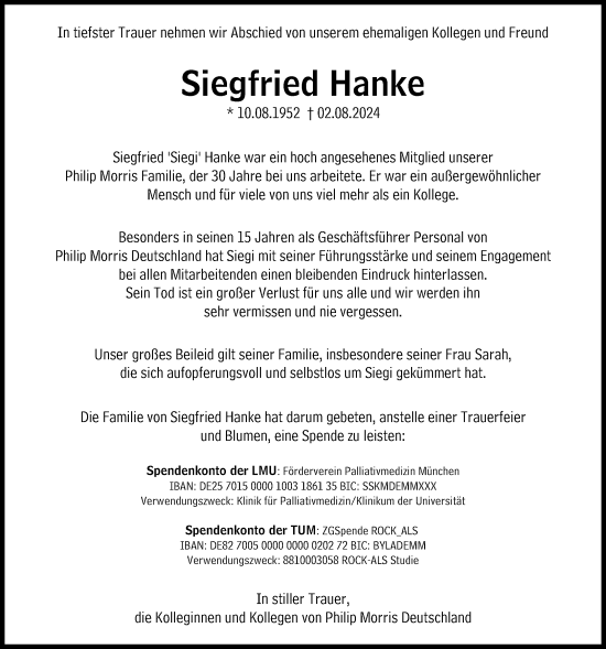 Traueranzeige von Siegfried Hanke von Süddeutsche Zeitung