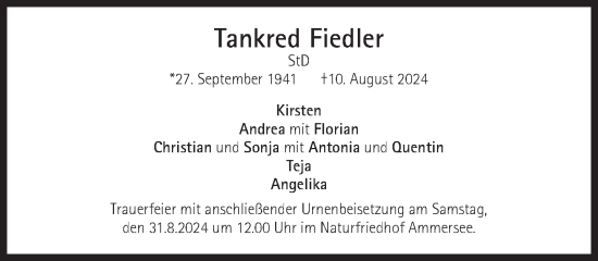 Traueranzeige von Tankred Fiedler von Süddeutsche Zeitung