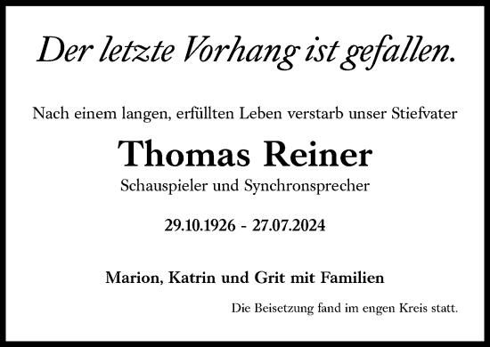 Traueranzeige von Thomas Reiner von Süddeutsche Zeitung