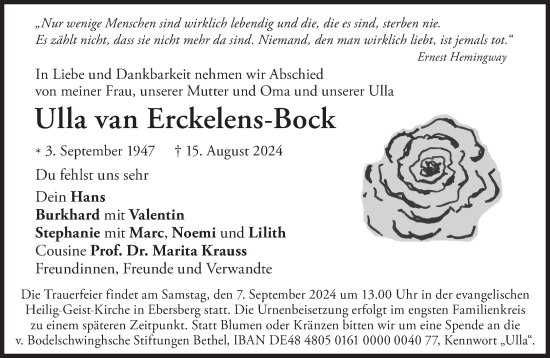 Traueranzeige von Ulla van Ervkelens-Bock von Süddeutsche Zeitung