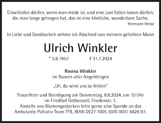 Traueranzeige von Ulrich Winkler von Süddeutsche Zeitung