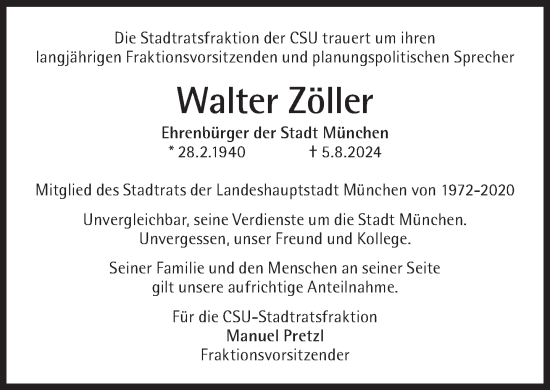 Traueranzeige von Walter Zöller von Süddeutsche Zeitung