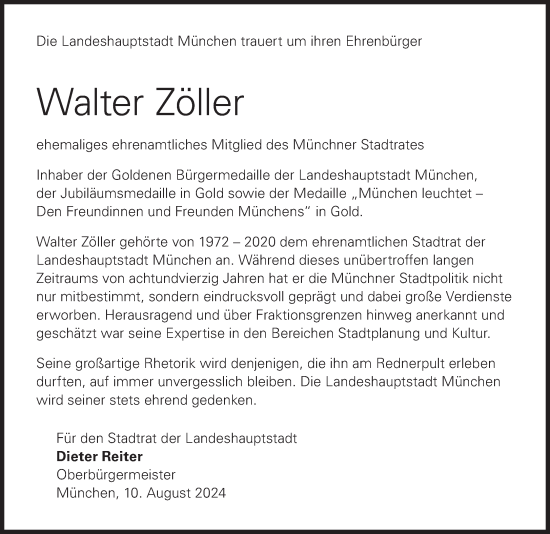 Traueranzeige von Walter Zöller von Süddeutsche Zeitung