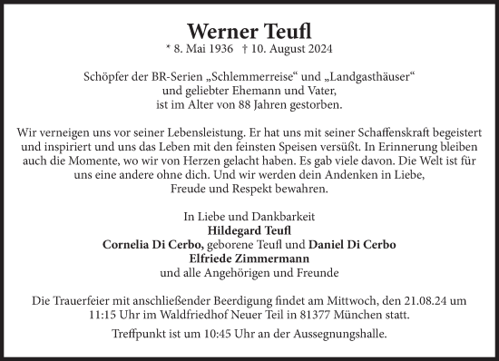 Traueranzeige von Werner Teufl von Süddeutsche Zeitung