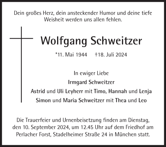 Traueranzeige von Wolfgang Schweitzer von Süddeutsche Zeitung