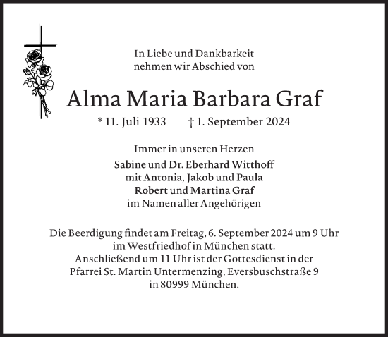 Traueranzeige von Alma Maria Barbara Graf von Süddeutsche Zeitung