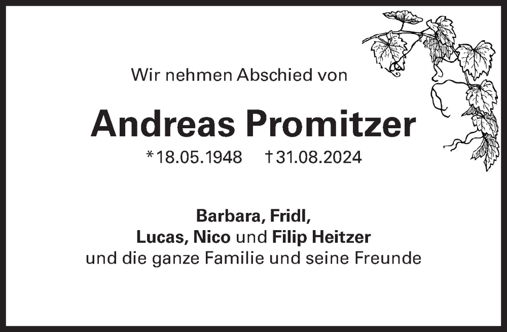  Traueranzeige für Andreas Promitzer vom 07.09.2024 aus Süddeutsche Zeitung