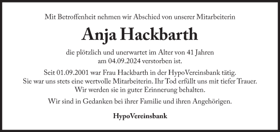 Traueranzeige von Anja Hackbarth von Süddeutsche Zeitung