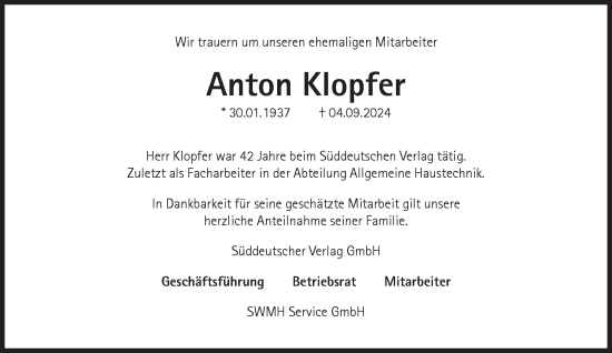 Traueranzeige von Anton Klopfer von Süddeutsche Zeitung