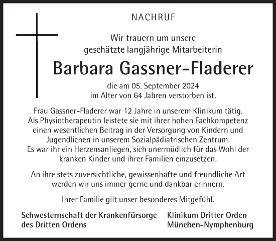 Traueranzeige von Barbara Gassner-Fladerer von Süddeutsche Zeitung