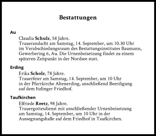 Traueranzeige von Bestattungen vom 14.09.2024 von Süddeutsche Zeitung