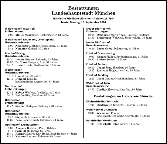 Traueranzeige von Bestattungen vom 16.09.2024 von Süddeutsche Zeitung