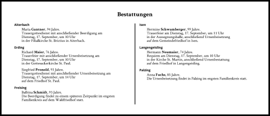 Traueranzeige von Bestattungen vom 17.09.2024 von Süddeutsche Zeitung