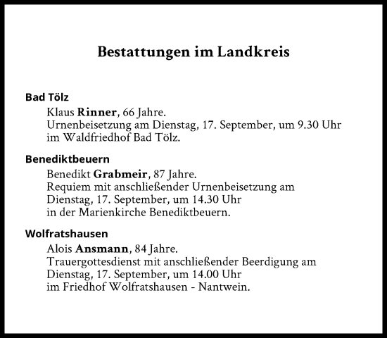 Traueranzeige von Bestattungen vom 17.09.2024 von Süddeutsche Zeitung