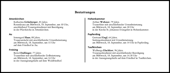 Traueranzeige von Bestattungen vom 18.09.2024 von Süddeutsche Zeitung