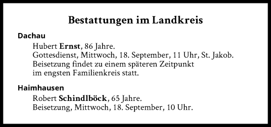 Traueranzeige von Bestattungen vom 18.09.2024 von Süddeutsche Zeitung