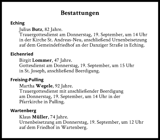 Traueranzeige von Bestattungen vom 19.09.2024 von Süddeutsche Zeitung