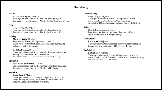Traueranzeige von Bestattungen vom 20.09.2024 von Süddeutsche Zeitung