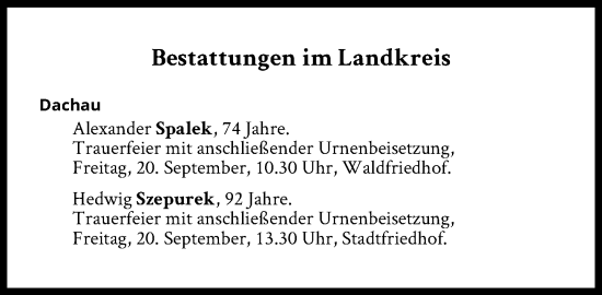 Traueranzeige von Bestattungen vom 20.09.2024 von Süddeutsche Zeitung