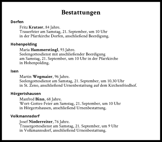 Traueranzeige von Bestattungen vom 21.09.2024 von Süddeutsche Zeitung