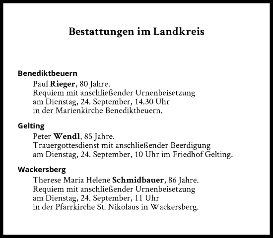 Traueranzeige von Bestattungen vom 24.09.2024 von Süddeutsche Zeitung