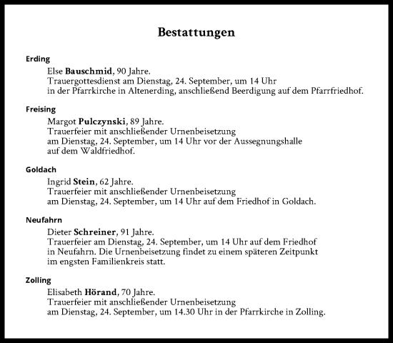 Traueranzeige von Bestattungen vom 24.09.2024 von Süddeutsche Zeitung